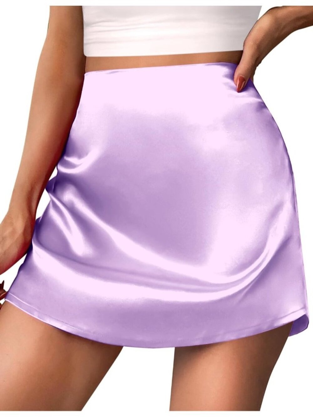 Women's Lilac Satin Zipper High Waisted A-Line Flowy Silky Summer Mini Skirt